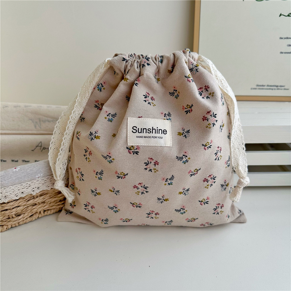 Ins estilo mori algodón cepillado color tierra floral bolsa de cordón clasificación en el hogar bolsa de almacenamiento bolsa de viaje grande