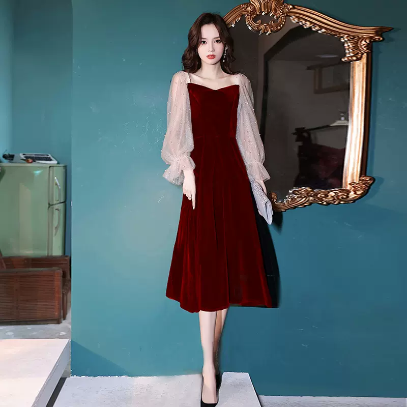 小个子晚礼服裙女新娘订婚秋酒红色结婚敬酒服新娘平时可穿回门服