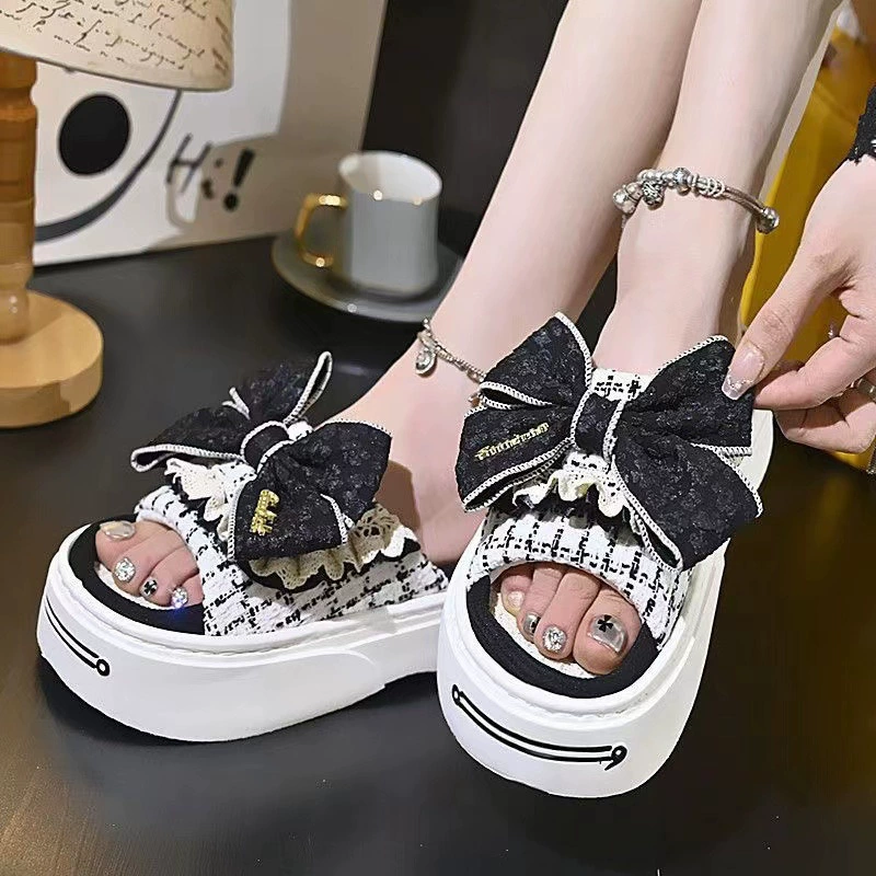 Summer slippers, high non-slip slide, cute footwear with bow, Chanel style