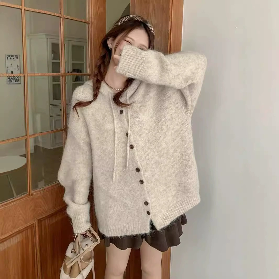KANING вязаный кардиган на пуговицах с капюшоном, женский осенний кардиган 2025 года, новый ленивый стиль, однотонный свитер, куртка