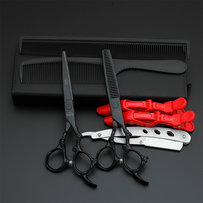 6 pulgadas tijeras de corte de pelo de mango negro dragón tijeras de corte de pelo conjunto tijeras de dientes tijeras de mano tijeras de corte de pelo ligeras de grado profesional