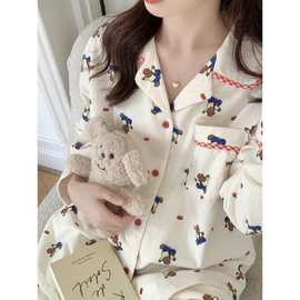 女纯睡衣长袖棉柔软磨毛可爱卡通印花可外穿家居服套装