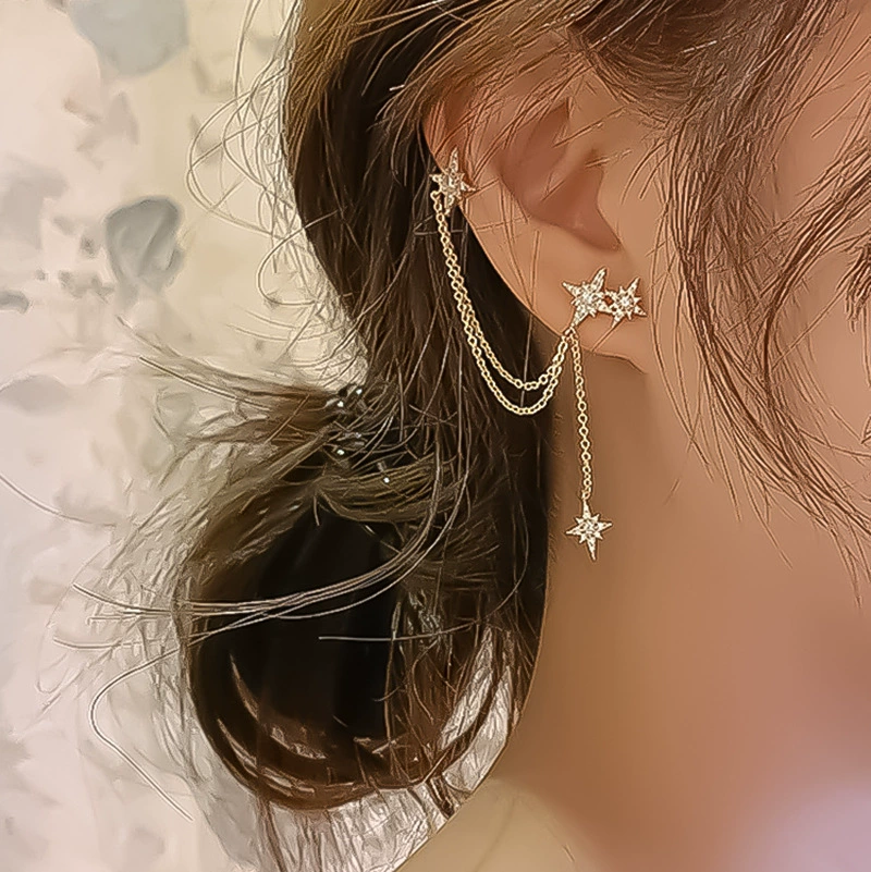 Серьги асимметричные с цепочкой, милый дизайн с гальваническим покрытием, серебро и золото