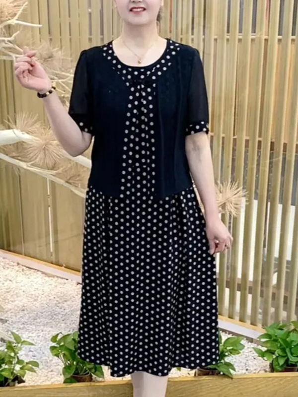 女性用フェイクツーピースドレス、夏用スリムロングスカート、大きいサイズ、中高年ママ、水玉半袖スカート、ミドル丈|undefined
