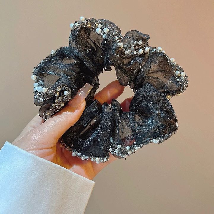 精緻高級感歐根紗水鑽大腸發圈2025年網紅扎同馬尾發圈頭繩女