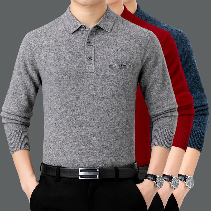 2025 Winter New Casual Wool Sweater for Men, Middle-Aged Solid Color Turn-Down Collar Warm Cashmere Knitted T-Shirt, Thickened