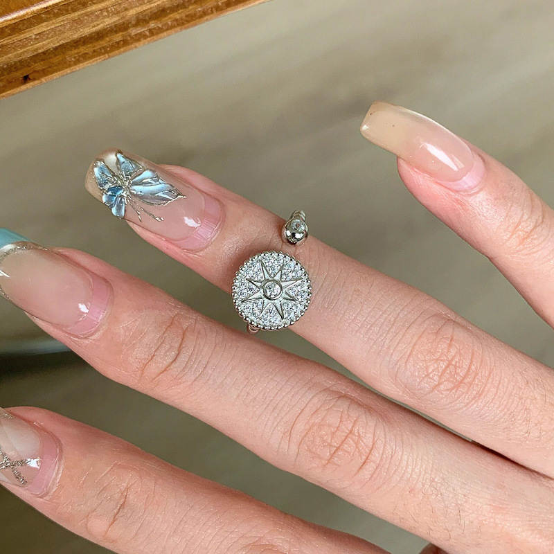 S925 Sterling Silver Starburst Full Diamond Compass Ring For Women, Adjustable Open Design, Niche High-End Light Luxury_voghion.com