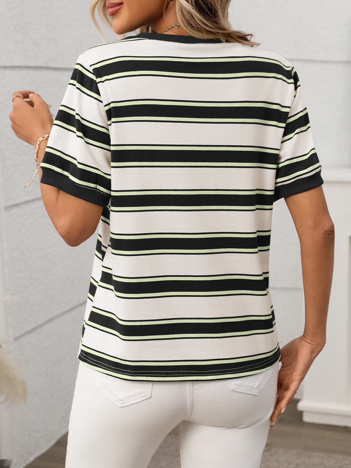 Summer round Neck Loose Top Striped Contrast Color Short Sleeve T shirt