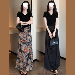 时尚套装裙女夏季新款洋气质显瘦V领绑带上压褶开叉半身裙两件套