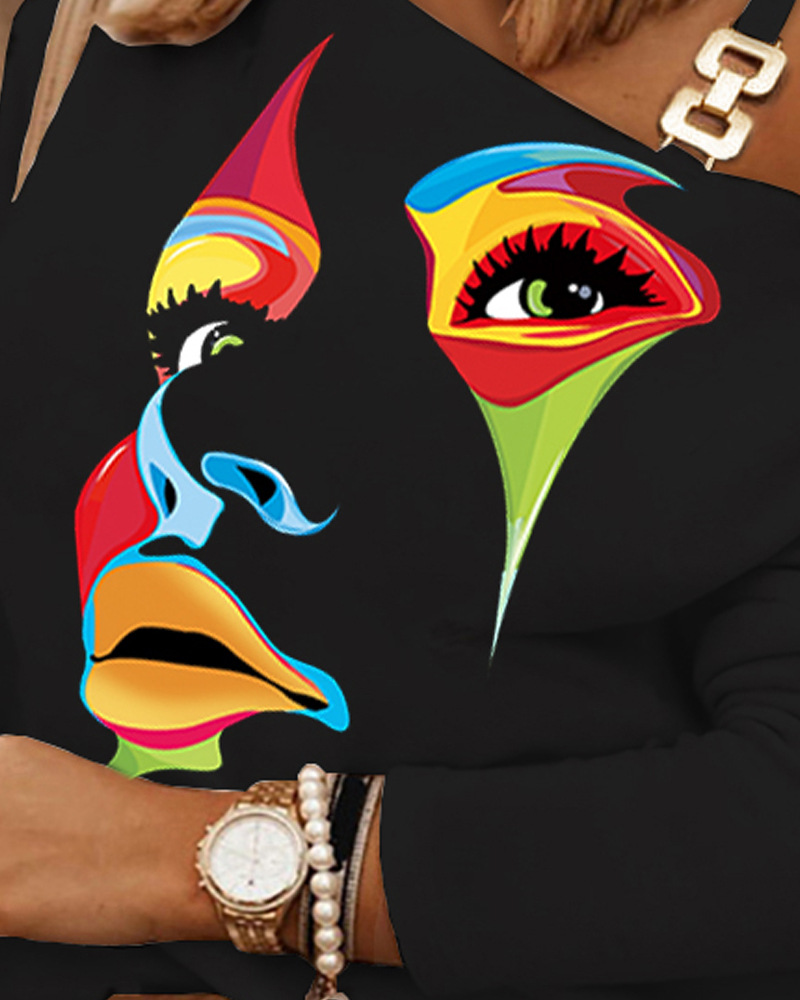 Women's Clothing Face Print Off Shoulder Top_voghion.com