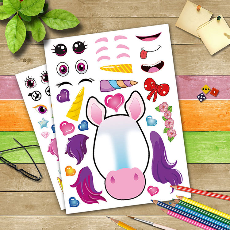 Unicornio vestir cara pegatinas DIY unicornio Fantasía animal mezcla y partido pegatinas fiesta de los niños suministros pegatinas