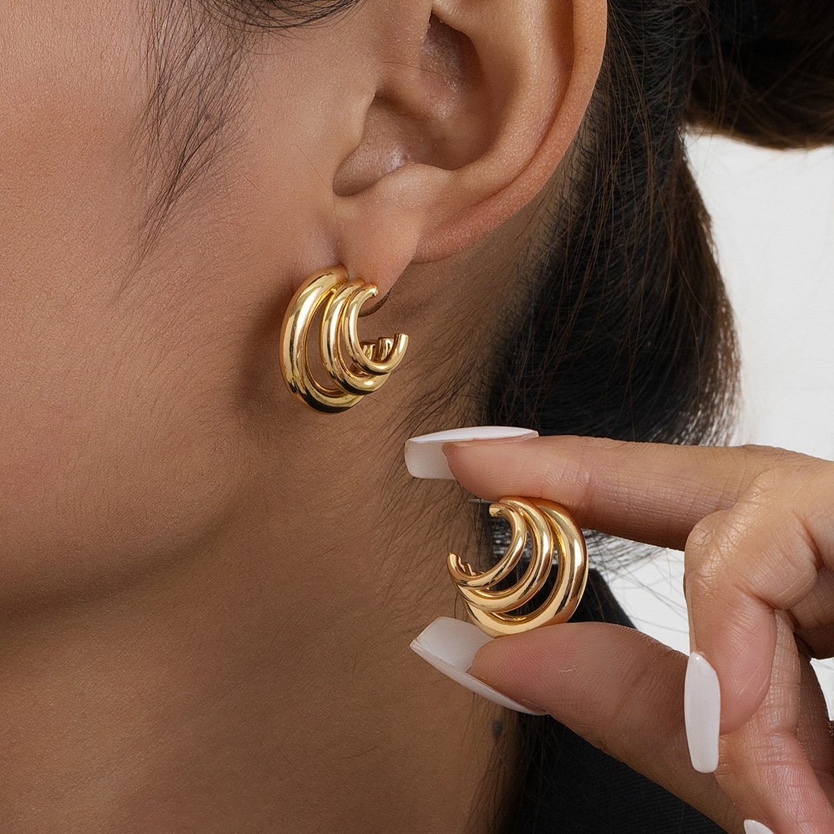 時尚金屬感幾何多層圓環C形耳釘女歐美簡約小眾設計感蚊香盤耳環