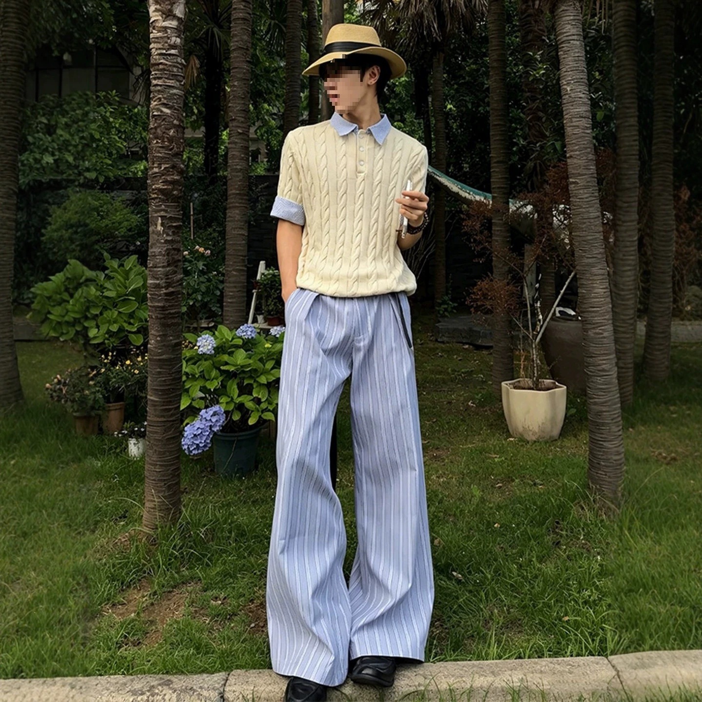 美式蓝白条纹压褶阔腿裤子男女秋季提档垂感弯刀裤老钱风a字西裤