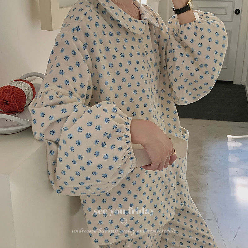 Skin-friendly cotton sanding soft adorable cat claw small floral silver ingot collar autumn and winter pajamas women's South Korea 2024 new home clothes Skin-friendly cotton sanding soft adorable cat claw small floral silver ingot collar autumn and winter pajamas women's South Korea 2024 new home clothes