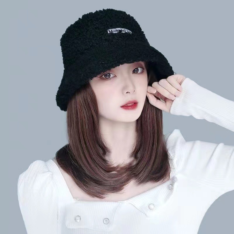 Peluca sombrero de lana de cordero de una pieza sombrero de pescador pelo de longitud media hebilla interior peluca Otoño e Invierno moda cabeza completa cubierta cuenca sombrero todo partido