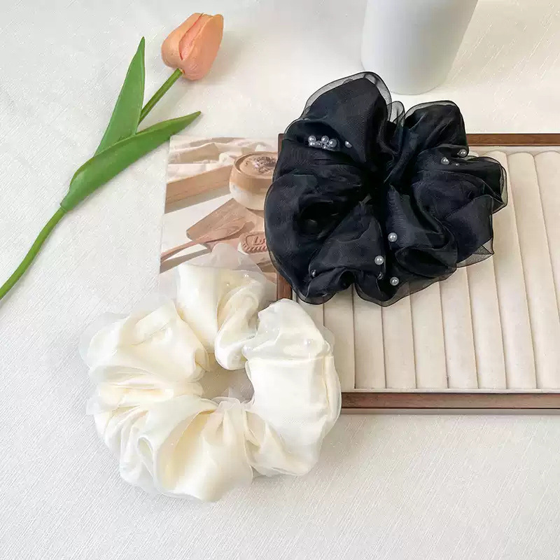 Elástico de cabelo em organza com pérolas estilo coreano chique_voghion.com