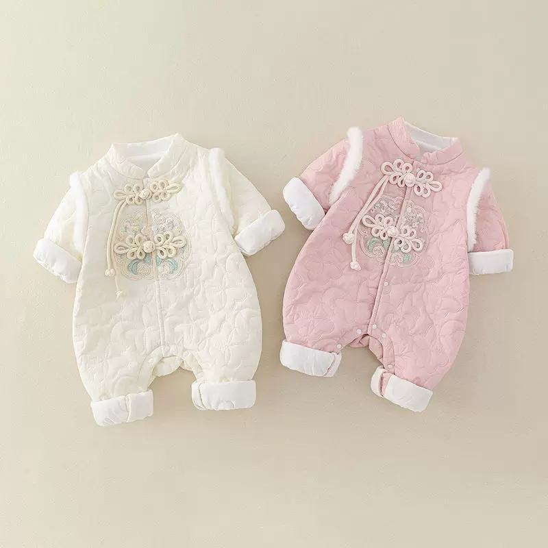 婴儿秋冬装加棉连体衣服女宝宝国风洋气保暖外出爬服薄棉套装
