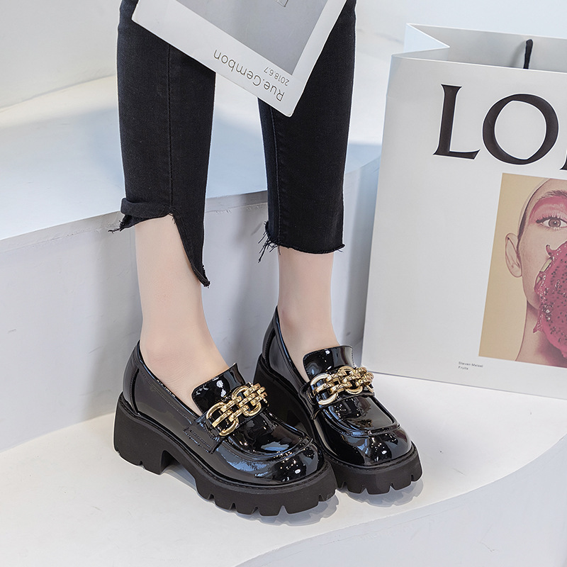 2021春季新款女鞋英伦风厚底漆皮黑色中跟小皮鞋学院风松糕单鞋潮|ms