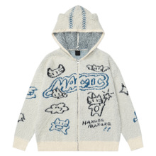 衣品男装甜酷小猫提花马海毛连帽针织衫毛衣女秋季软乎乎开衬上衣