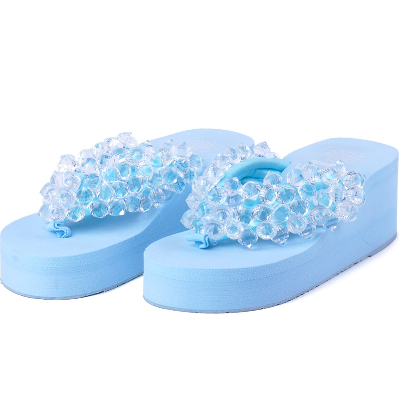 葡萄顆粒水鑽淑女涼拖人字型松糕跟女鞋wish熱賣中跟耐磨增高女鞋