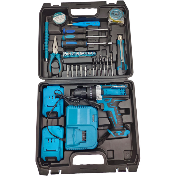 Fábrica de fuente de litio conjunto completo de accesorios hierro pinza taladro eléctrico de impacto de doble velocidad 21v taladro eléctrico de litio torsión súper fuerte