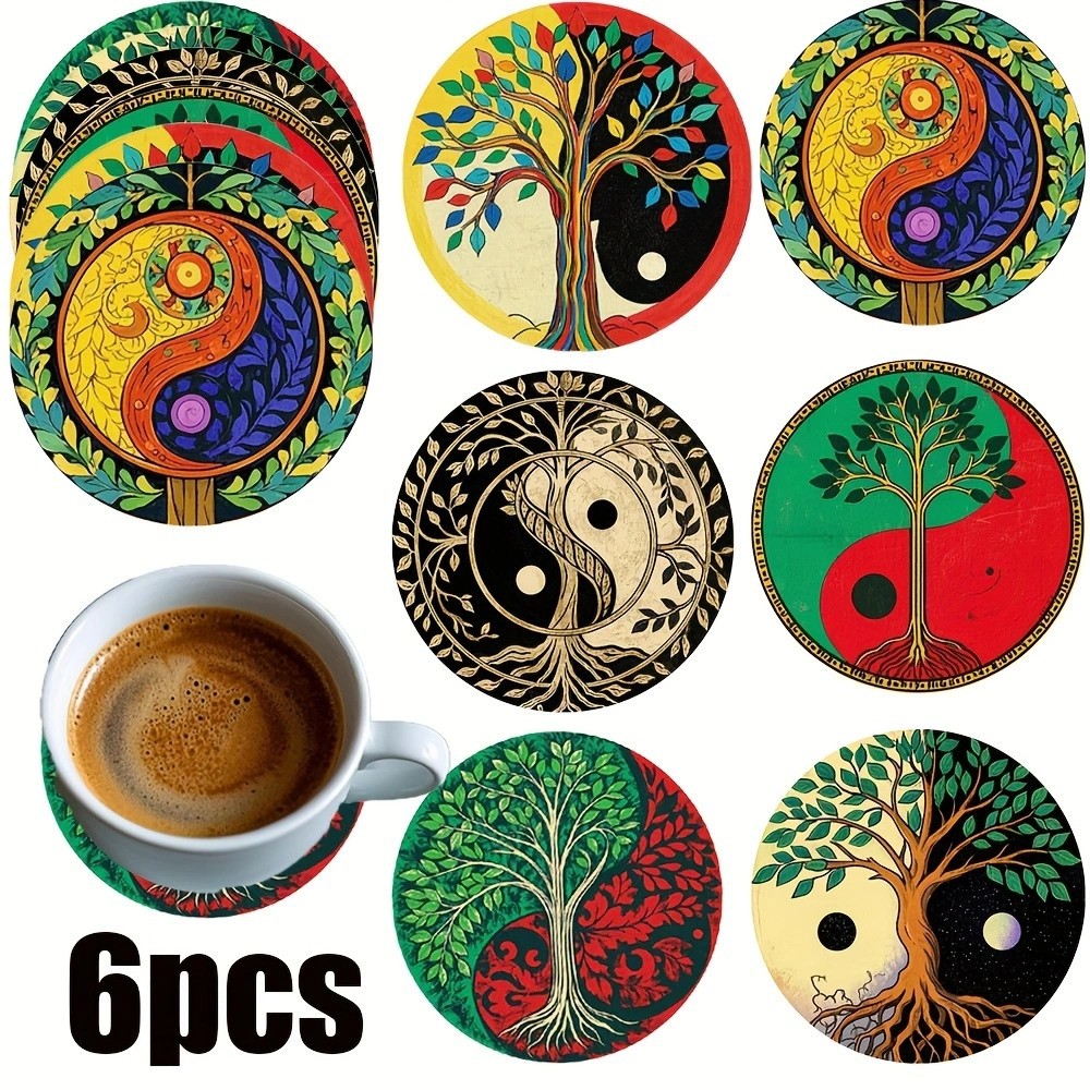 나무 복고풍 코스터 팔괘 6PCS