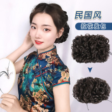 旗袍发苞造型假发女蓬松丸子头卷发包复古头花拉发花苞新娘盘头