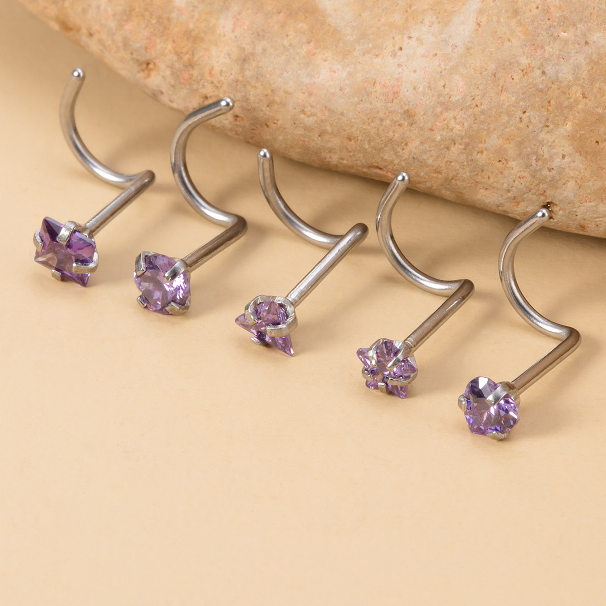 Cross-Border New Mixed Color Hao Stone Jewelry Geometric Stainless Steel Right Angle Stud Colorful Inlaid Diamond_voghion.com