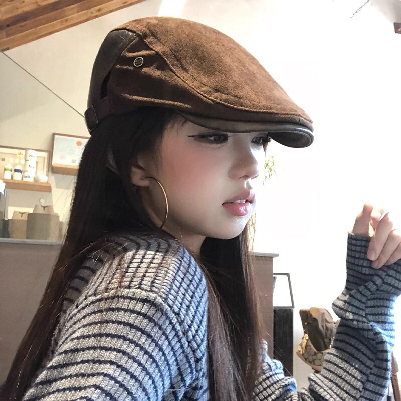 American Retro Old Money Style Autumn Leather Suede Forward Cap Artistic Reverse Wear Versatile Baseball Cap for Women