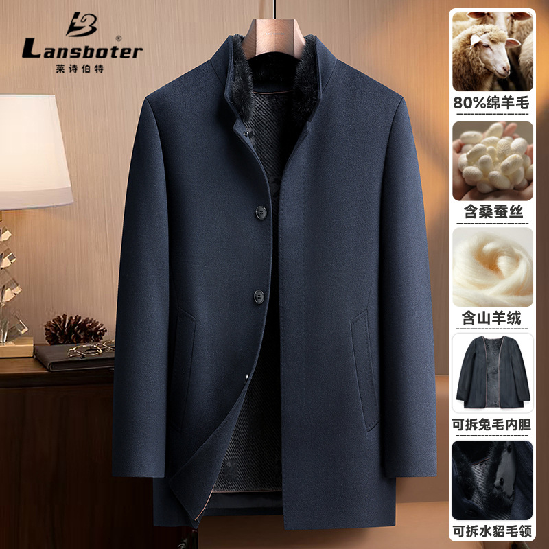 秋冬中长款水貂毛领兔毛内胆含羊绒桑蚕丝羊毛双面呢大衣男士外套