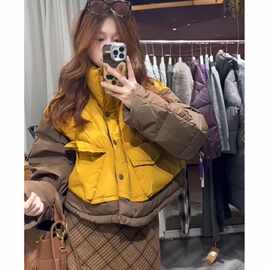 冬季欧货2025新款美拉德穿搭宽松黄咖拼色立领短款棉衣棉服外套女