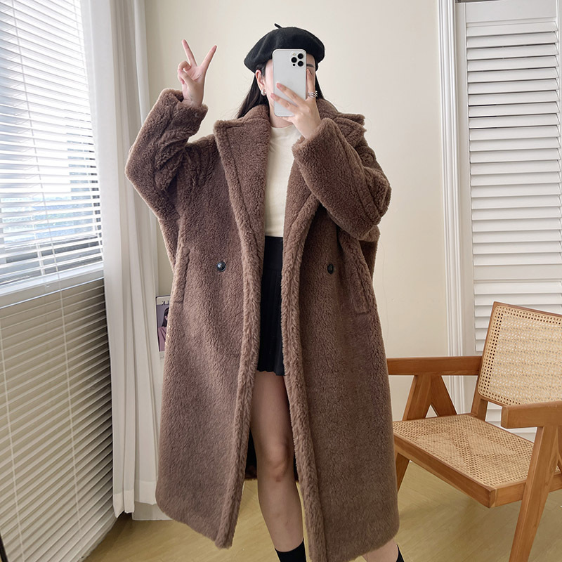 2025秋冬新款M家泰迪熊大衣摩卡棕羊驼絨teddy中长款皮草保暖外套