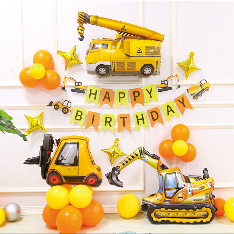 男寶寶周歲生日布置兒童派對汽車工程挖掘機主題氣球裝飾背景套裝