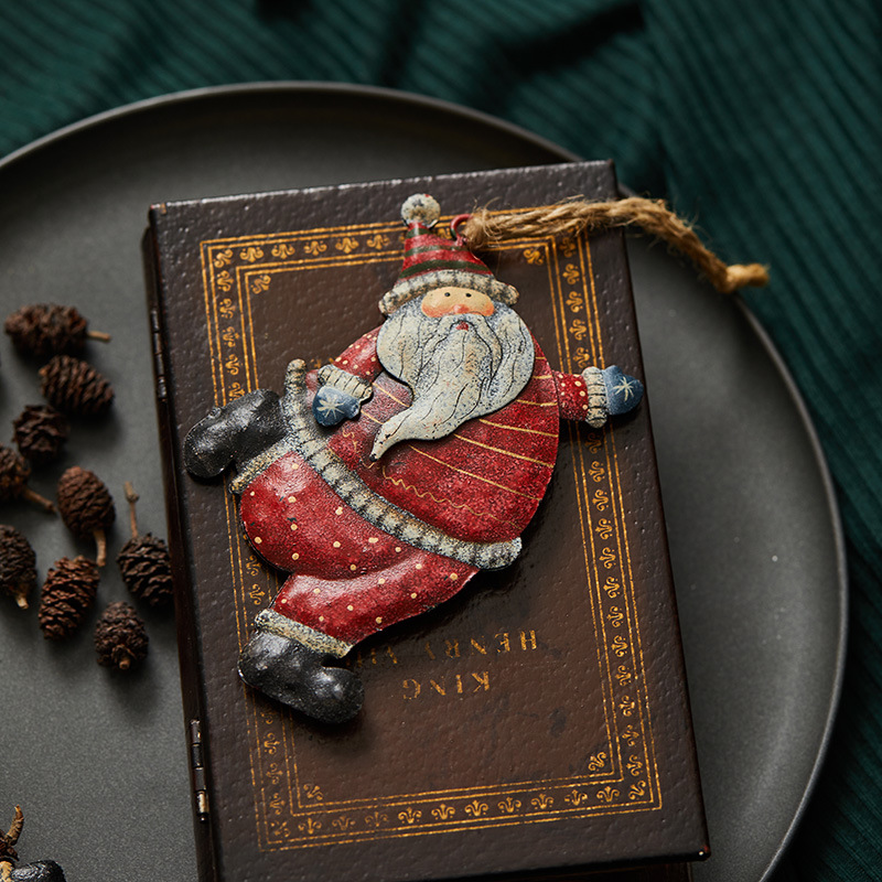 Madera de 10cm hierro forjado Santa Claus colgante decoración de Navidad colorida decoración pintada a mano colgante árbol de Navidad