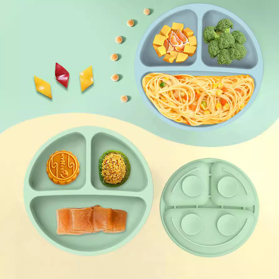 Cross-border Baby Silicone Dinner Plate Baby Supplementary Bowl Suction Smiley Dinner Plate Split Children's Dinner Plate Silicone Bowl
