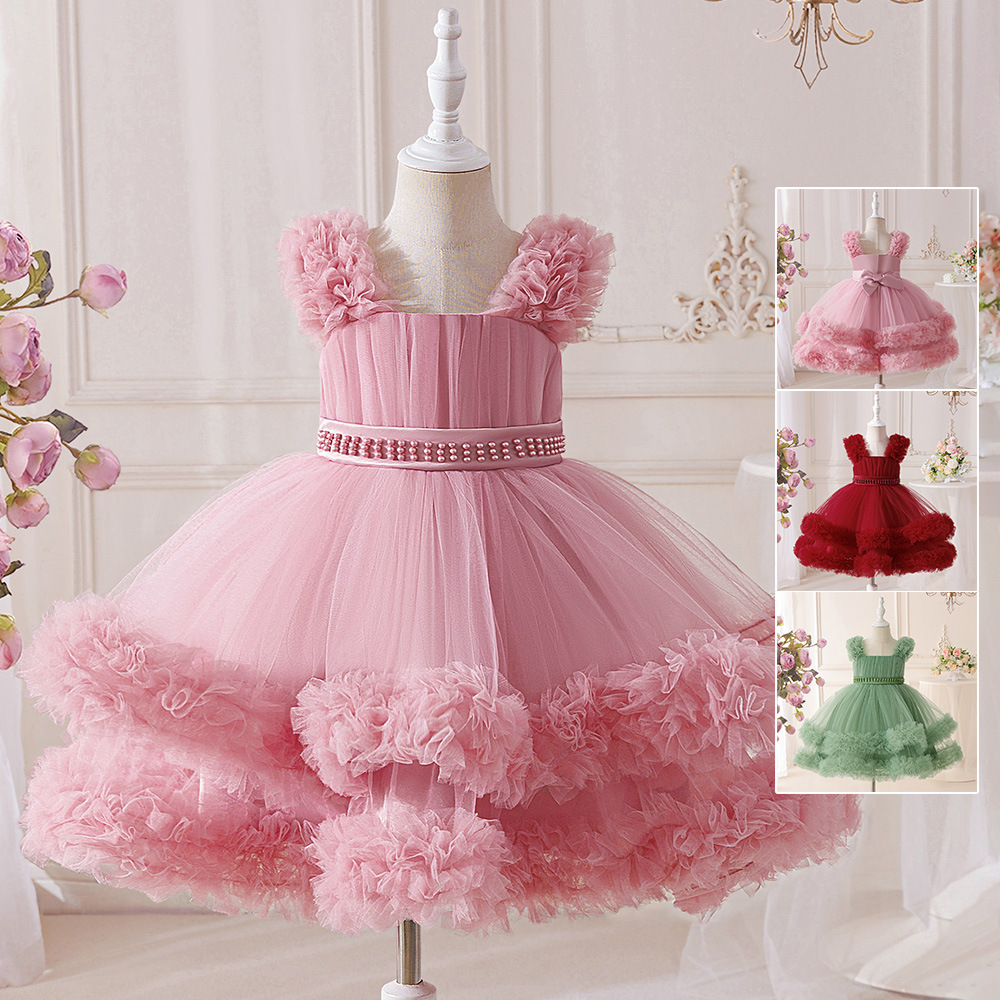 Vestido de malla para niños al por mayor exclusivo transfronterizo, vestido de princesa hinchado, vestido de ropa para niños grandes, ropa de un año para niñas