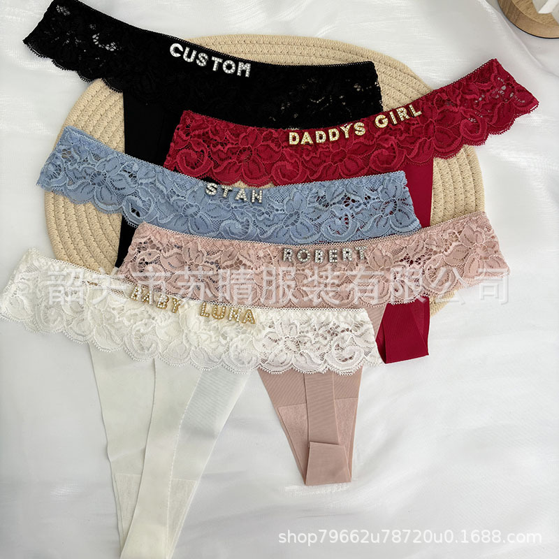 Cross-Border Personalized Rhinestone Letters Sexy Lace Seamless Women's Underwear Custom Ice Silk Thong T-Pants for Women Cross-Border Personalized Rhinestone Letters Sexy Lace Seamless Women's Underwear Custom Ice Silk Thong T-Pants for Women