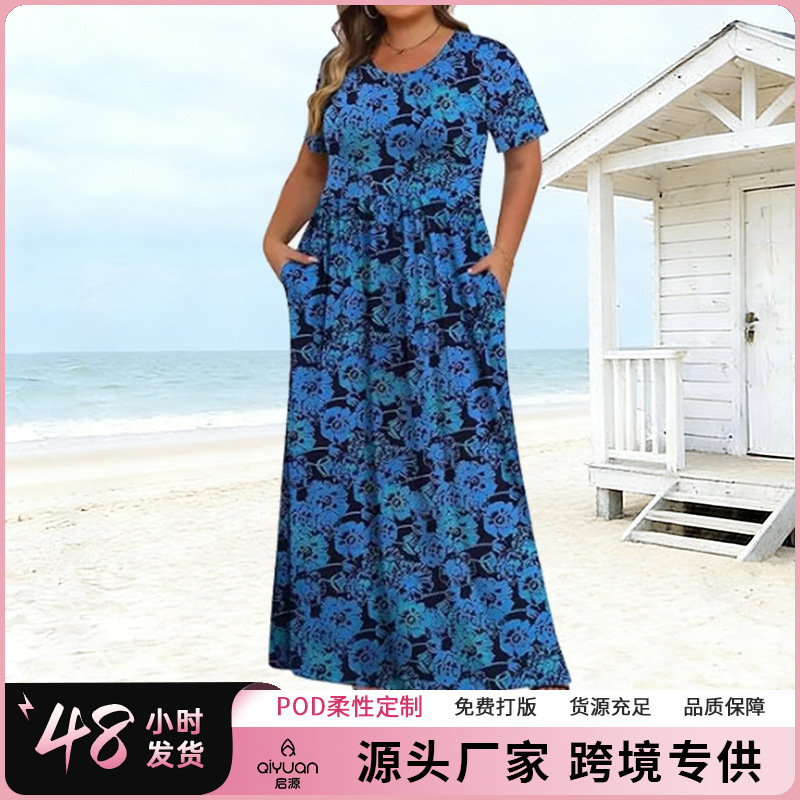 2026 Summer New Model Amazon Independent Site Cross-Border Plus-Size Women's Loose Round-Neck Short-Sleeve Printed Dress
