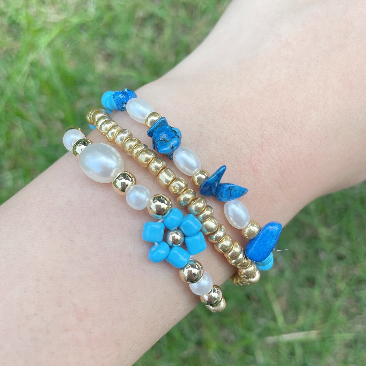 Twin Wind Flowers Beaded Plastic/Resin No Inlaid Bracelets Jewelry 3 Pieces