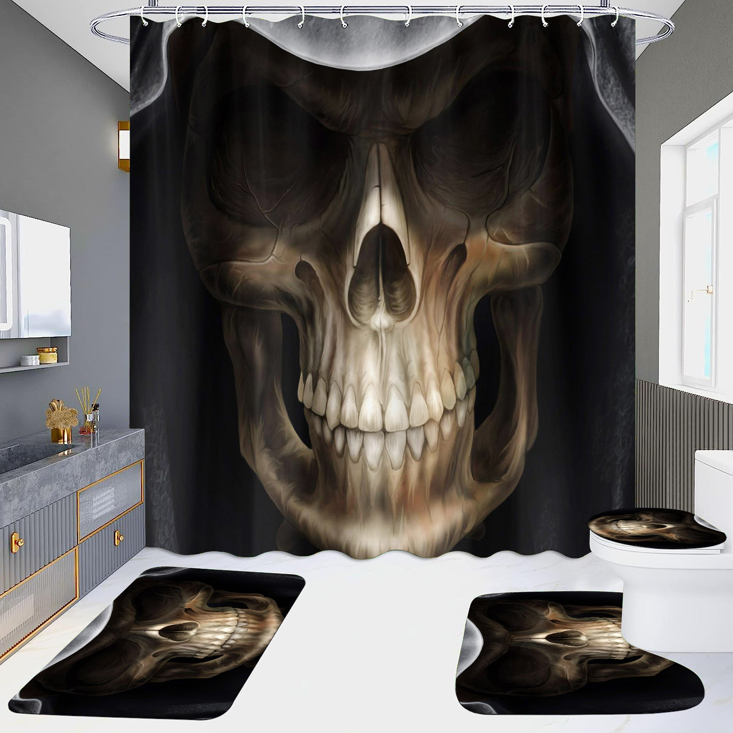 Cortina de ducha de suministro directo transfronterizo conjunto de cuatro piezas hd impermeable sin perforaciones baño hotel baño partición cortina wansheng cráneo