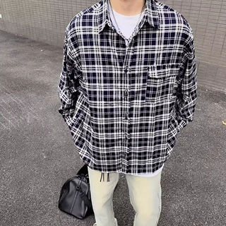 男士春秋季薄款翻领格子衬衫外套 韩版潮流宽松大码百搭休闲上衣
