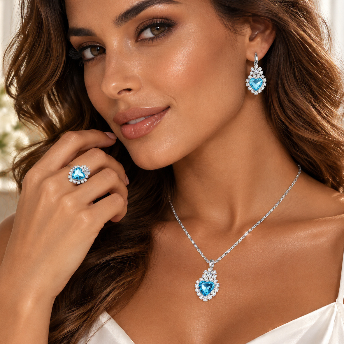 Amazon's Best-Selling Love Jewelry Set, Fashionable Colorful Rhinestone Necklace, Earrings, Ring, Three-Piece Set, Ready for Sale