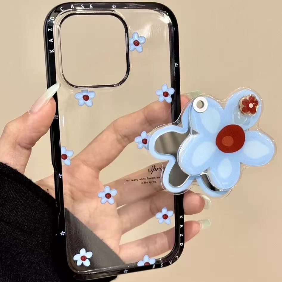 Estilo coreano ins azul floral pequeño para iphone16ProMax soporte de espejo 14 funda para teléfono móvil Apple 15P 13