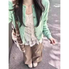 荷绿色复古卷边针织开衫毛衣外套女新款春秋季软糯早春外搭上衣