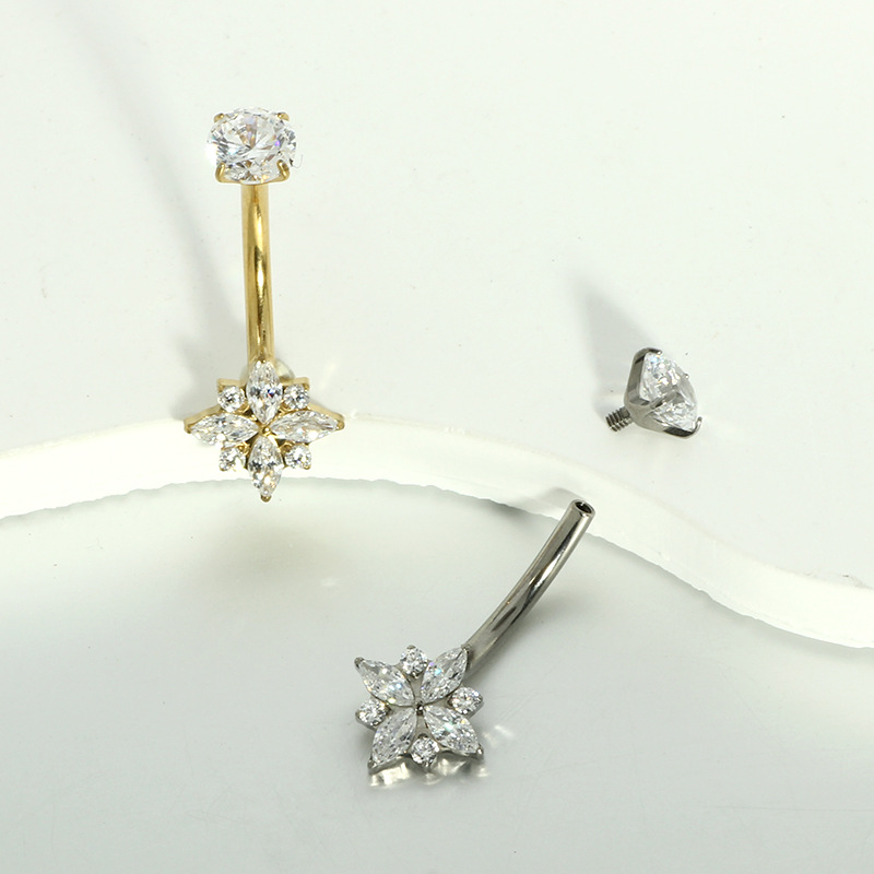 G23 Titanium Inlaid Zircon Marquise Navel Stud - Internally Threaded Belly Button Ring detail image 7
