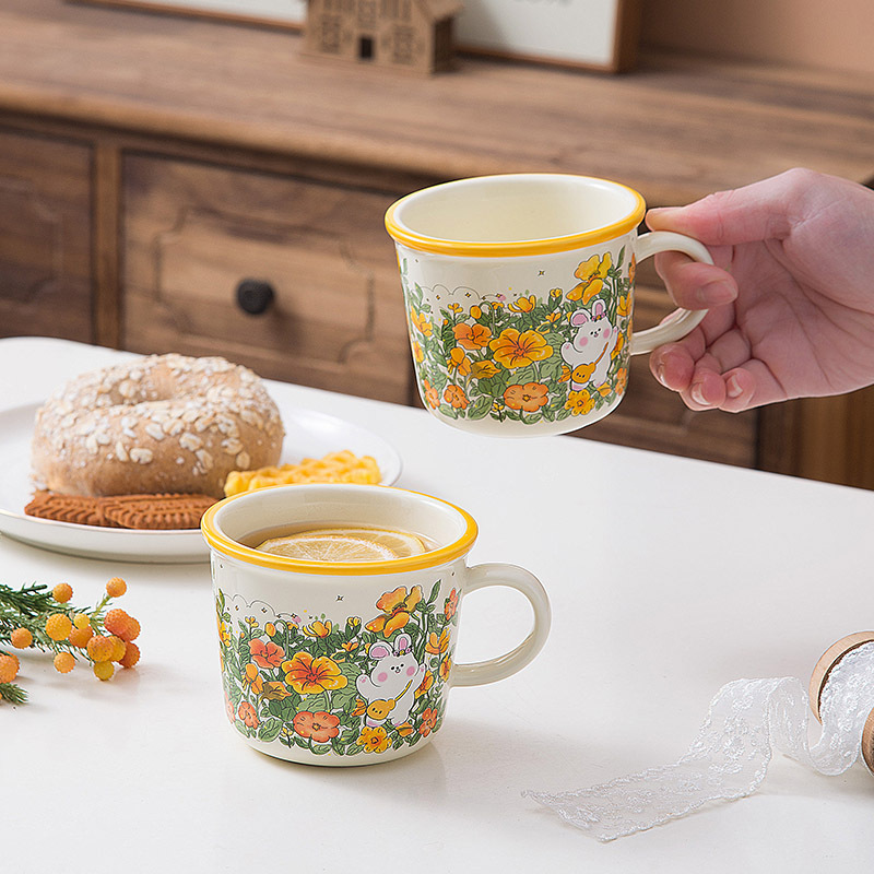 ins可愛卡通陶瓷杯水杯牛奶杯早餐杯兒童杯花叢兔子女生禮物杯子
