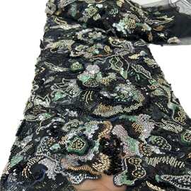 时尚重手工订花流苏珠管绣亮片布料时装礼服舞台服面料beads lace