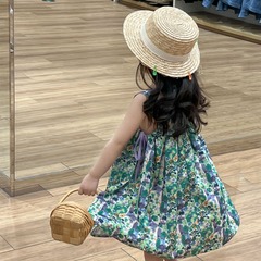 韓版2024新款女童夏季紫色碎花法式洋氣寬鬆大擺度假吊帶連衣裙潮