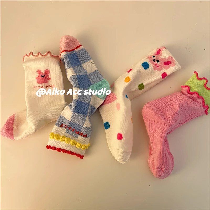 Girls' Socks Summer Thin Pure Cotton Children's Cartoon Mid-Tube Socks for Girls Baby Ruffle Edge Princess Socks