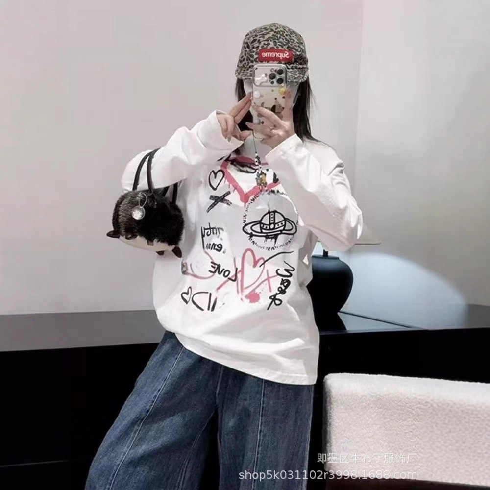 女装欧美潮牌新款西太後土星印花简约百搭情侣宽松长袖卫衣女打底